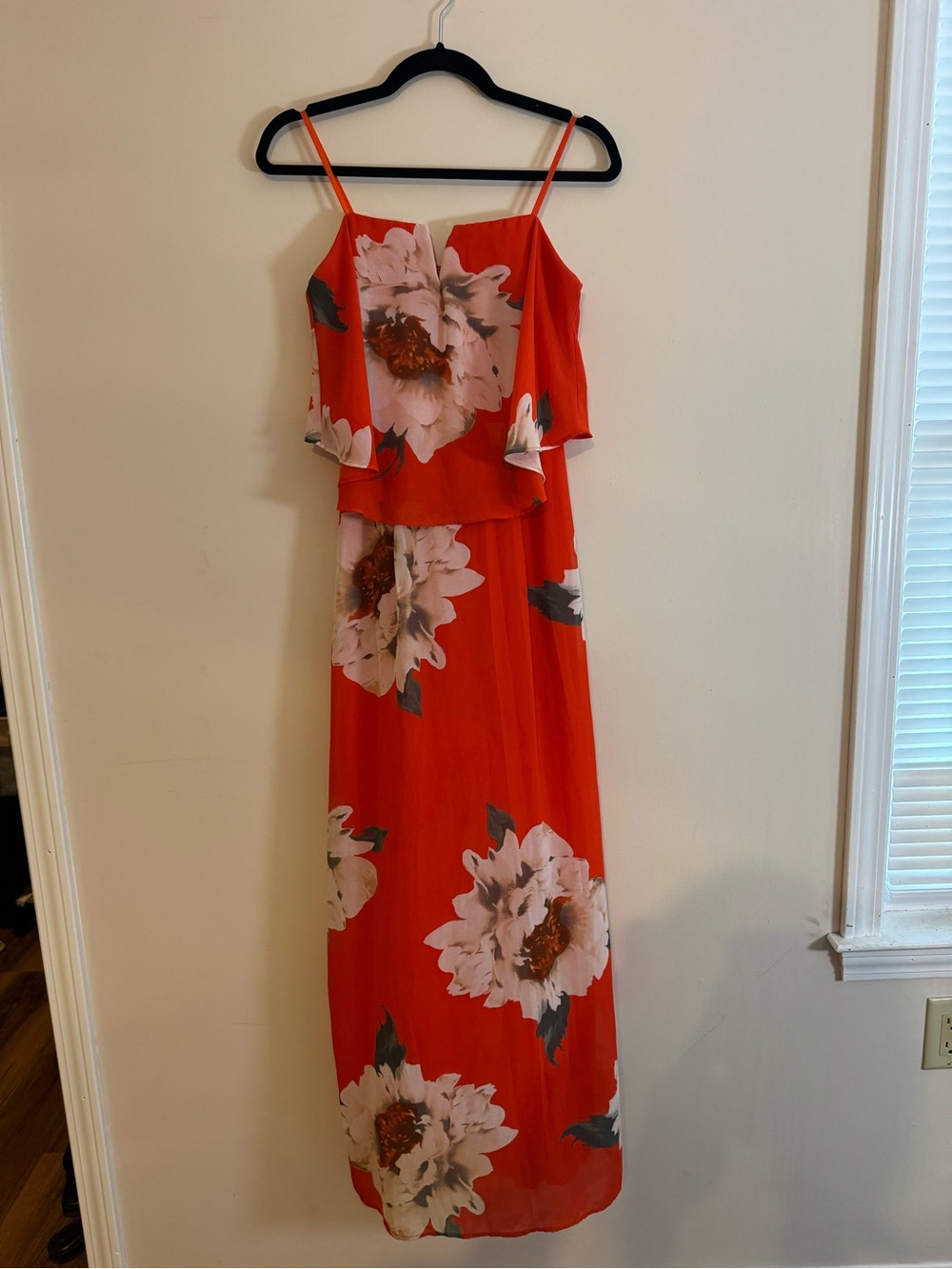 Floral bright orange Maxi Dress with Spaghetti Straps